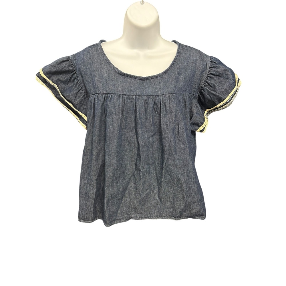 Hello‎ Fashion Denim Blue Short Sleeve Ruffle Trim Top Women's Large